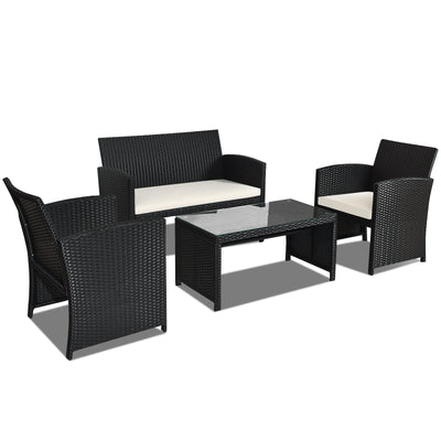 4 Pieces Rattan Patio Furniture Set with Weather Resistant Cushions and Tempered Glass Tabletop-White - Relaxacare