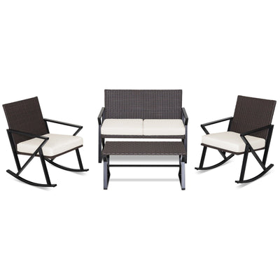 4 Pieces Rattan Patio Rocking Furniture Set with Loveseat and Coffee Table - Relaxacare