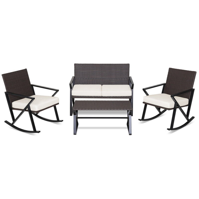 4 Pieces Rattan Patio Rocking Furniture Set with Loveseat and Coffee Table - Relaxacare