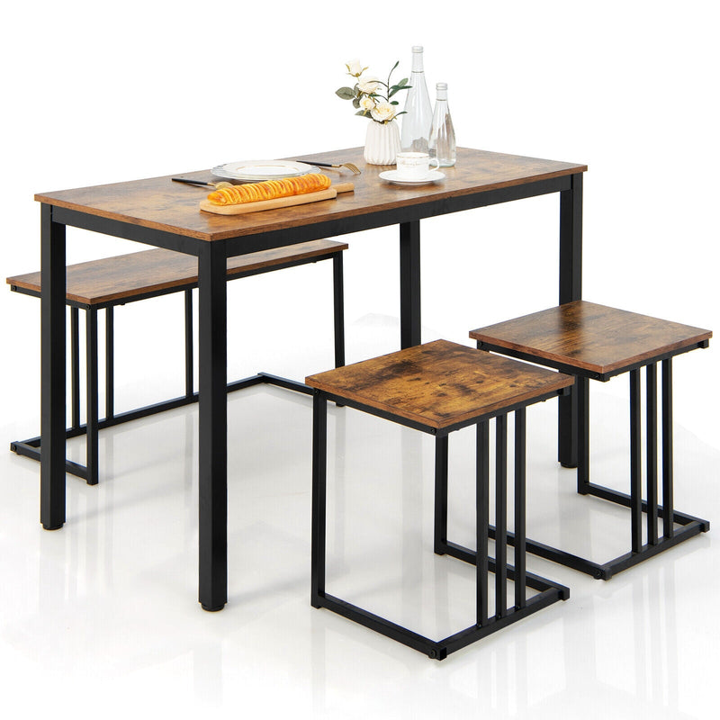 4 Pieces Space-Saving Dining Table Set with Bench and 2 Stools - Relaxacare
