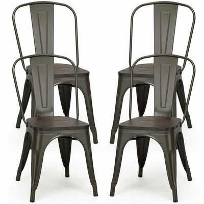 4 Pieces Tolix Style Metal Dining Side Chair Stackable Wood Seat-Black - Relaxacare