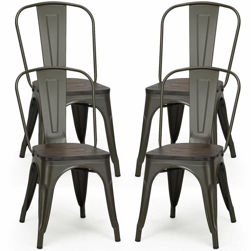 4 Pieces Tolix Style Metal Dining Side Chair Stackable Wood Seat-Black - Relaxacare