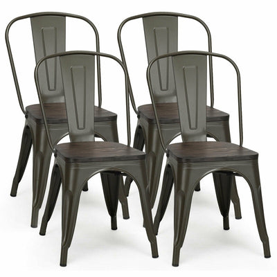 4 Pieces Tolix Style Metal Dining Side Chair Stackable Wood Seat-Dark Brown - Relaxacare