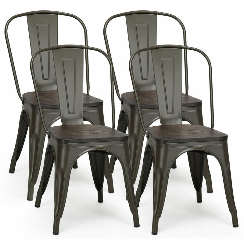 4 Pieces Tolix Style Metal Dining Side Chair Stackable Wood Seat-Dark Brown - Relaxacare