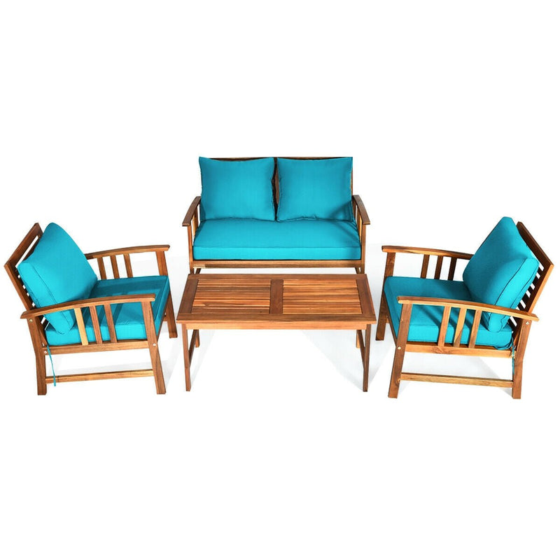 4 Pieces Wooden Patio Furniture Set Table Sofa Chair Cushioned Garden - Relaxacare