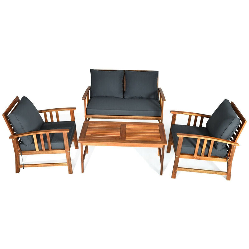 4 Pieces Wooden Patio Sofa Chair Set with Cushion - Relaxacare