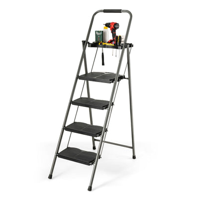 4 Step Folding Ladder with Built-in Tool Tray and Anti-Slip Footpads - Relaxacare