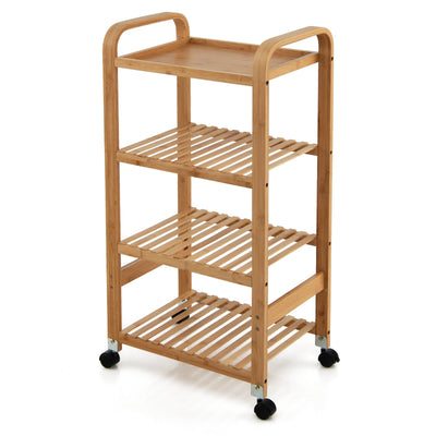 4-Tier Bamboo Mobile Kitchen Serving Trolley Cart with Storage Shelf and Lockable Casters-Natural - Relaxacare