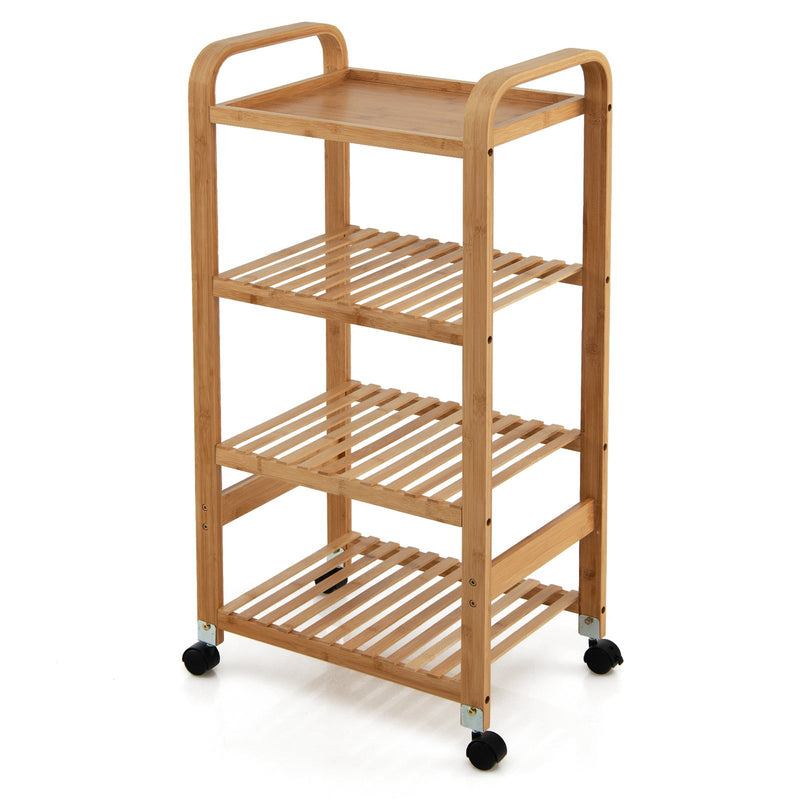 4-Tier Bamboo Mobile Kitchen Serving Trolley Cart with Storage Shelf and Lockable Casters-Natural - Relaxacare