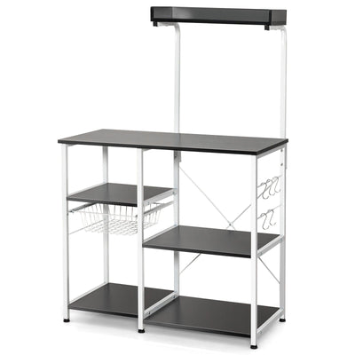 4-tier Kitchen Baker's Rack with Basket and 5 Hooks-Black - Relaxacare
