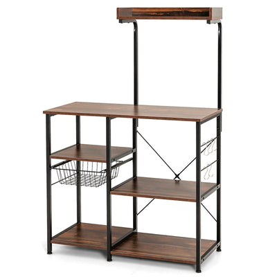 4-tier Kitchen Baker's Rack with Basket and 5 Hooks-Dark Brown - Relaxacare