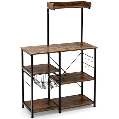 4-tier Kitchen Baker's Rack with Basket and 5 Hooks-Rustic Brown - Relaxacare