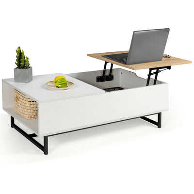 43 Inch Lift Top Coffee Table with Storage Compartment and Metal Frame-White - Relaxacare