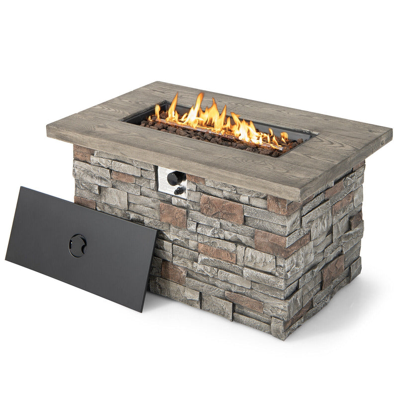 43.5 Inch Rectangle Faux Stone Propane Gas Fire Pit Table with Lava Rock and PVC Cover - Relaxacare
