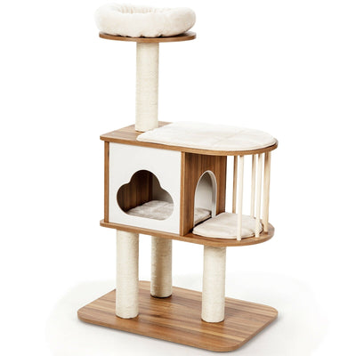 46 Inch Wooden Cat Activity Tree with Platform and Cushions-Brown - Relaxacare
