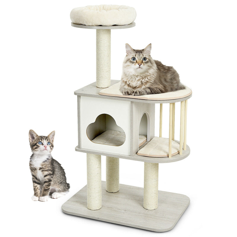 46 Inch Wooden Cat Activity Tree with Platform and Cushionsfor for Cats and Kittens - Relaxacare