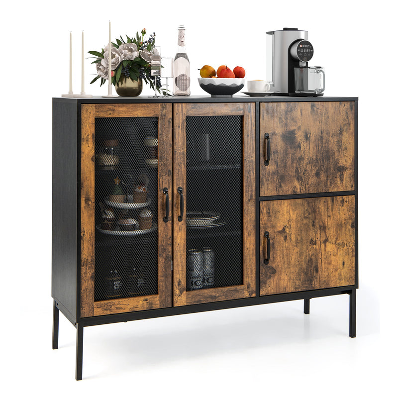 48" Industrial Kitchen Buffet Sideboard with Metal Mesh Doors and Anti-toppling Device - Relaxacare