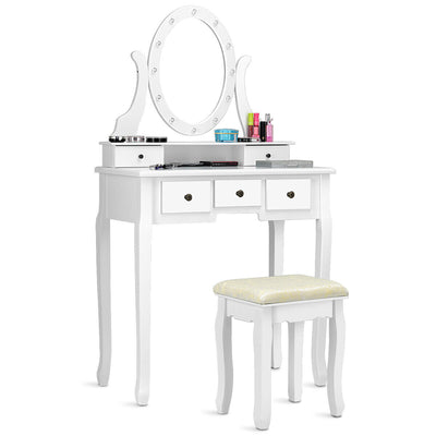 5 Drawers Vanity Table Stool Set with 12-LED Bulbs - Relaxacare