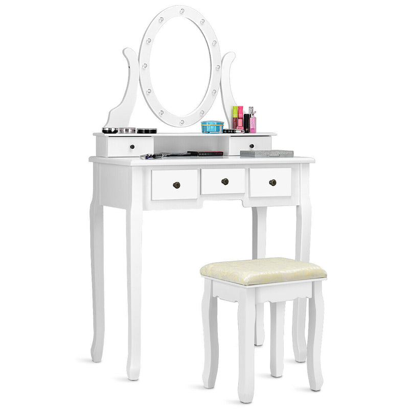 5 Drawers Vanity Table Stool Set with 12-LED Bulbs - Relaxacare