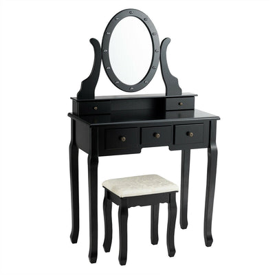 5 Drawers Vanity Table Stool Set with 12-LED Bulbs-Black - Relaxacare