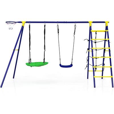 5-In-1 Outdoor Kids Swing Set with A-Shaped Metal Frame and Ground Stake - Relaxacare