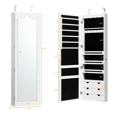 5 LEDs Lockable Mirror Jewelry Cabinet Armoire with 6 Drawers-White - Relaxacare