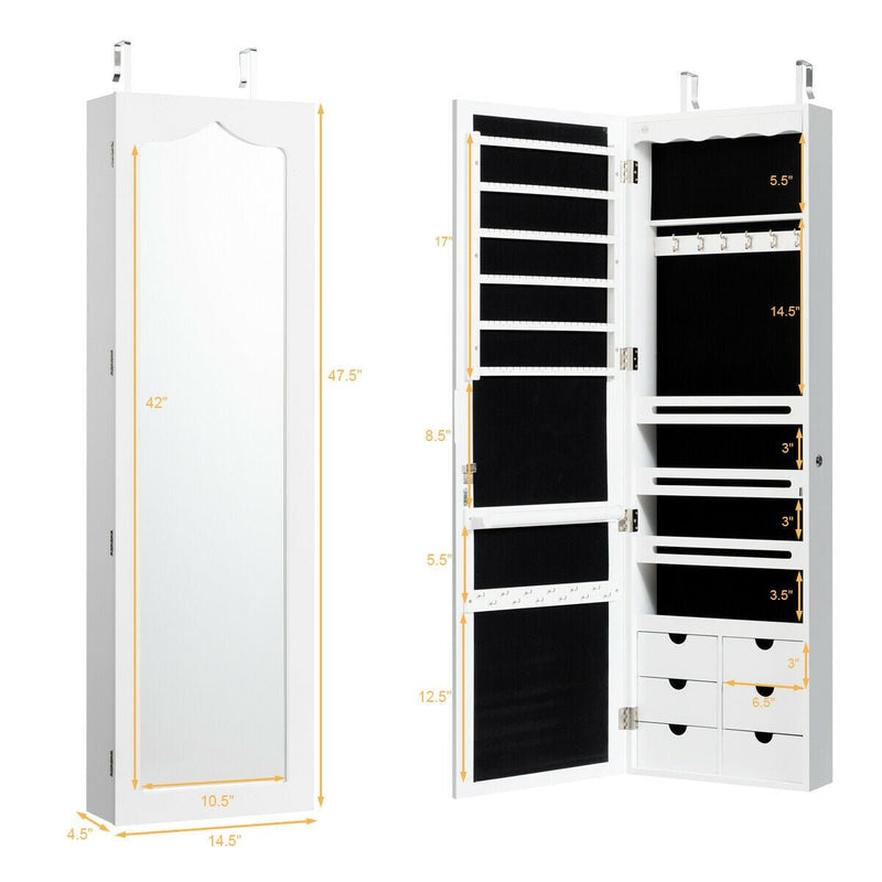 5 LEDs Lockable Mirror Jewelry Cabinet Armoire with 6 Drawers-White - Relaxacare