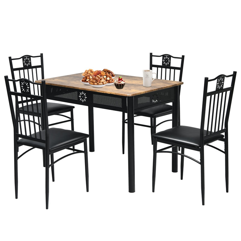 5 Pcs Dining Set Wood Metal Table and 4 Chairs with Cushions-Black - Relaxacare