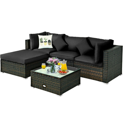 5 Pcs Outdoor Patio Rattan Furniture Set Sectional Conversation with Cushions-Black - Relaxacare