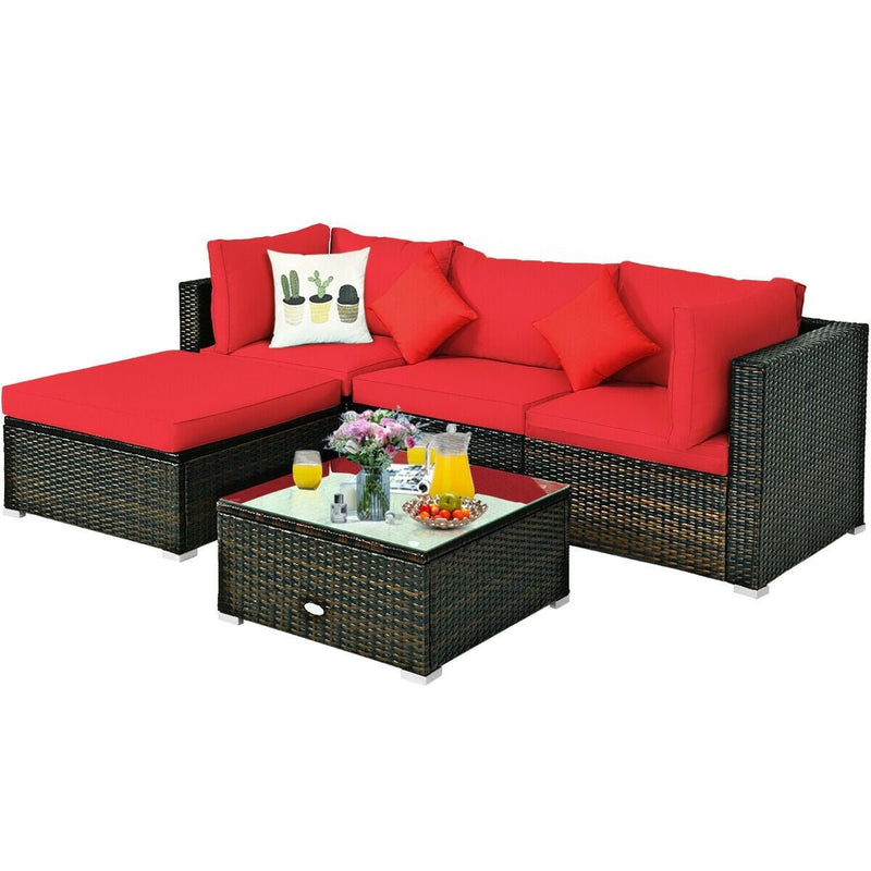 5 Pcs Outdoor Patio Rattan Furniture Set Sectional Conversation with Cushions-Red - Relaxacare