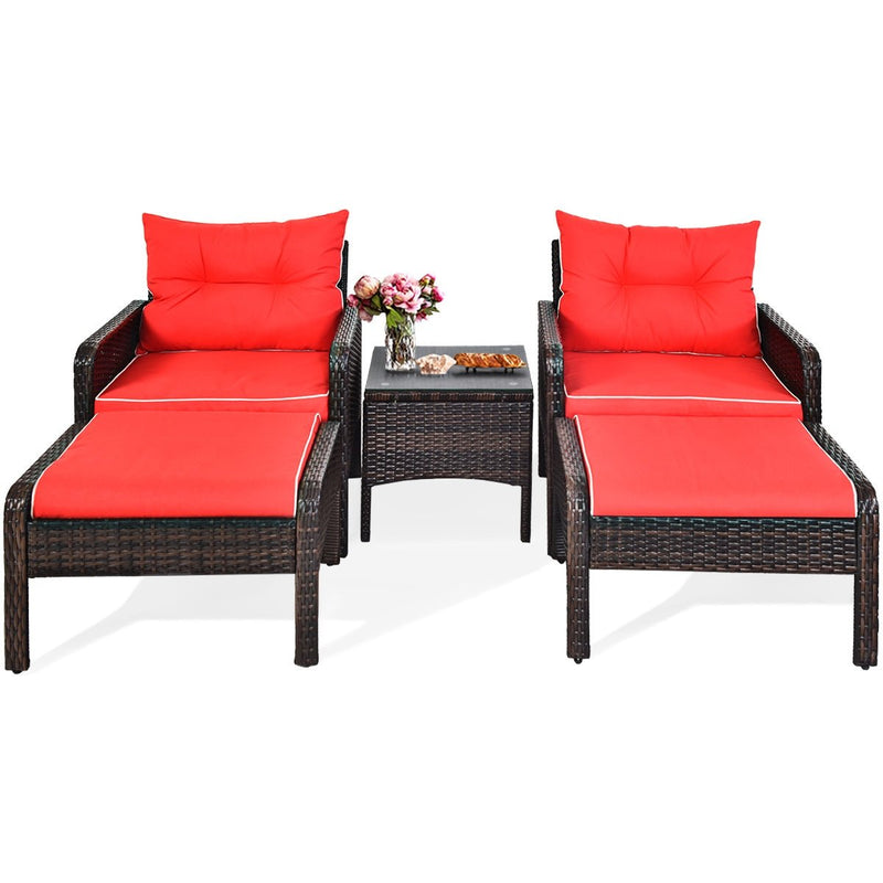 5 Pcs Patio Rattan Sofa Ottoman Furniture Set with Cushions-Red - Relaxacare
