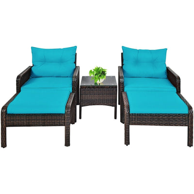 5 Pcs Patio Rattan Sofa Ottoman Furniture Set with Cushions-Turquoise - Relaxacare