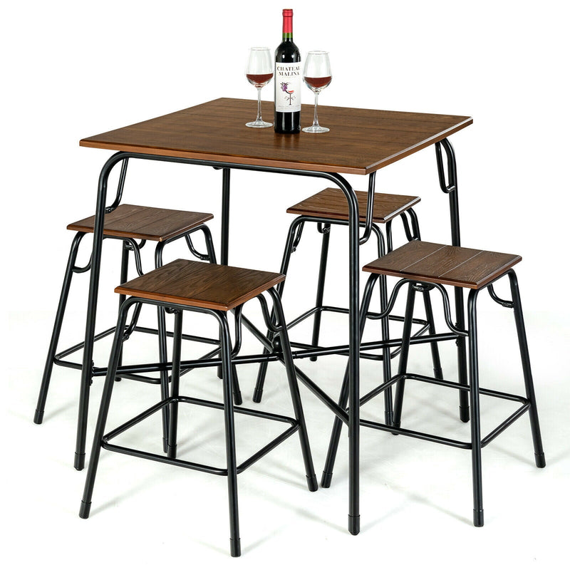 5 Pieces Bar Table Set with 4 Counter Height Backless Stools-Rustic Brown - Relaxacare