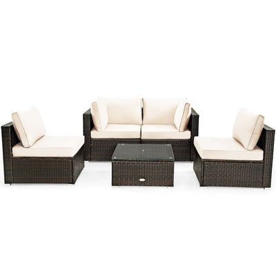 5 Pieces Cushioned Patio Rattan Furniture Set with Glass Table - Relaxacare