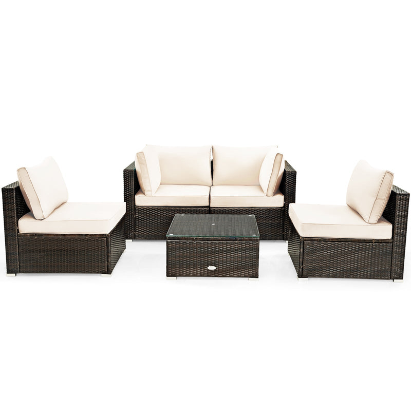 5 Pieces Cushioned Patio Rattan Furniture Set with Glass Table - Relaxacare