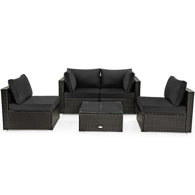 5 Pieces Cushioned Patio Rattan Furniture Set with Glass Table-Black - Relaxacare