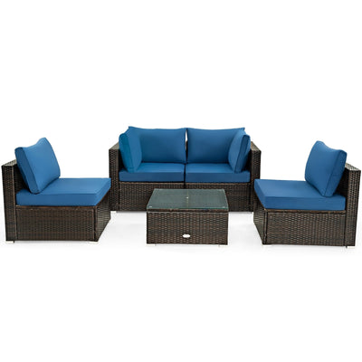 5 Pieces Cushioned Patio Rattan Furniture Set with Glass Table-Navy - Relaxacare