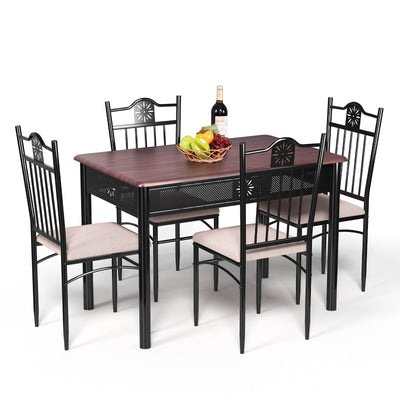 5 Pieces Dining Set Wood Metal Table and 4 Chairs with Cushions - Relaxacare