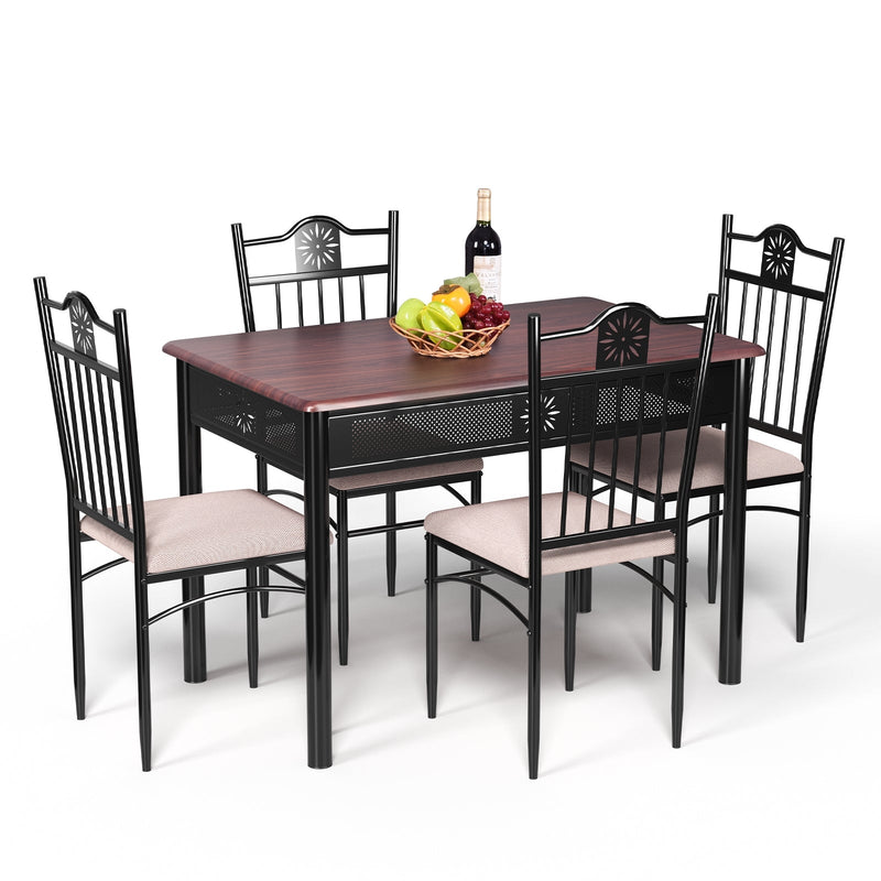 5 Pieces Dining Set Wood Metal Table and 4 Chairs with Cushions - Relaxacare