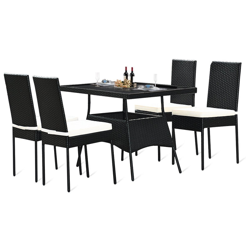 5 Pieces Outdaoor Patio Rattan Dining Set with Glass Top with Cushions - Relaxacare