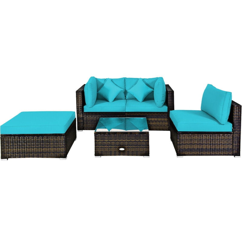 5 Pieces Outdoor Patio Rattan Furniture Set Sectional Conversation with Cushions - Relaxacare