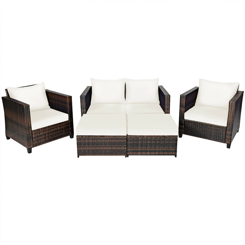 5 Pieces Patio Cushioned Rattan Furniture Set-White - Relaxacare