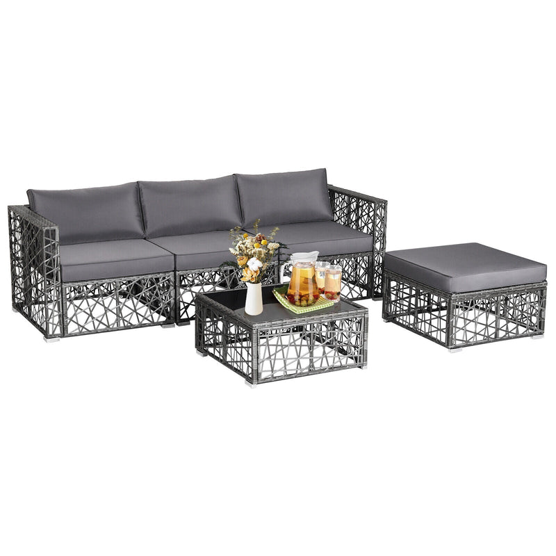 5 Pieces Patio PE Rattan Wicker Sofa Furniture Set - Relaxacare