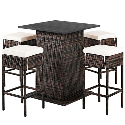5 Pieces Patio Rattan Cushioned Bar Furniture Set with Hidden Storage Shelf - Relaxacare