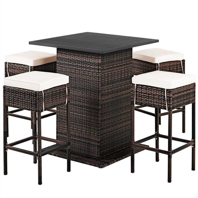 5 Pieces Patio Rattan Cushioned Bar Furniture Set with Hidden Storage Shelf - Relaxacare