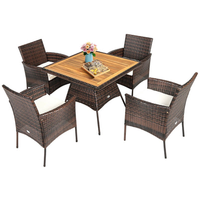 5 Pieces Patio Rattan Dining Furniture Set with Arm Chair and Wooden Table Top - Relaxacare