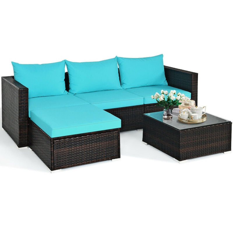 5 Pieces Patio Rattan Furniture Set with Coffee Table-Turquoise - Relaxacare