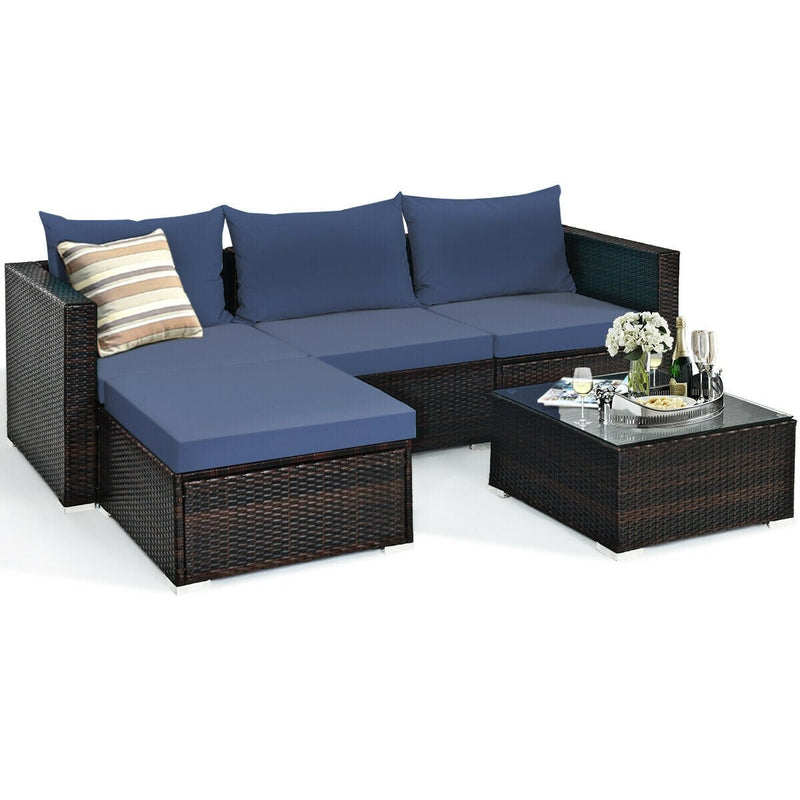 5 Pieces Patio Rattan Sectional Furniture Set with Cushions and Coffee Table -Navy - Relaxacare