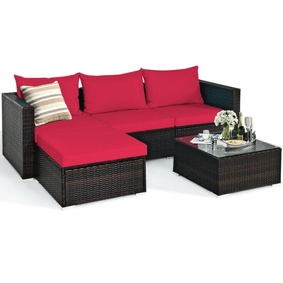 5 Pieces Patio Rattan Sectional Furniture Set with Cushions and Coffee Table-Red - Relaxacare