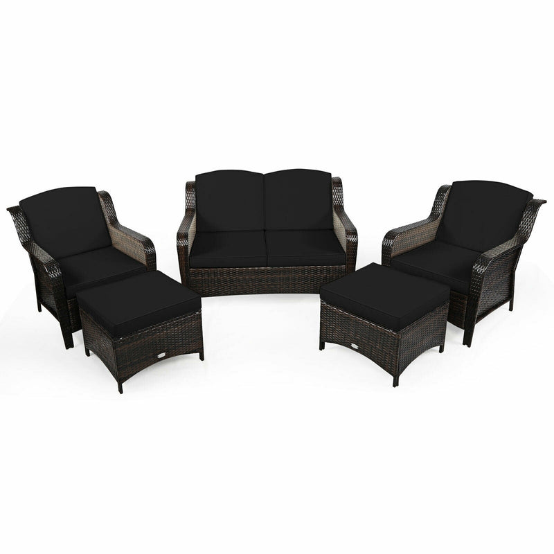 5 Pieces Patio Rattan Sofa Set with Cushion and Ottoman-Black - Relaxacare
